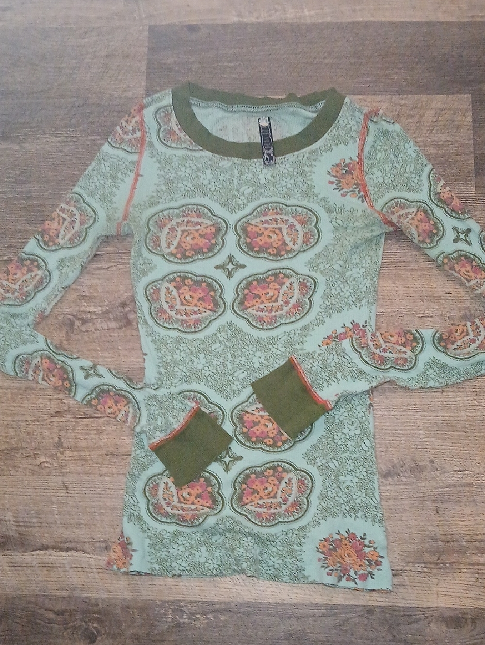 Free People Mint Green Floral Thermal Style Knit Top w Olive Trim Vintage, L